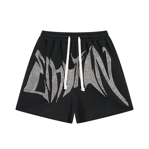 MIXED EMOTIO Rhinestone Heavy Metal Font Black Sweat Shorts