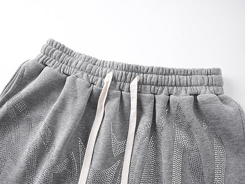 MIXED EMOTIO Rhinestone Heavy Metal Font Grey Sweat Shorts