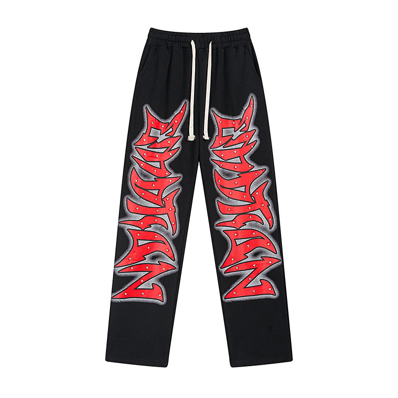 MIXED EMOTIO Studded Red Metal‑Font Black Straight‑Leg Sweatpants
