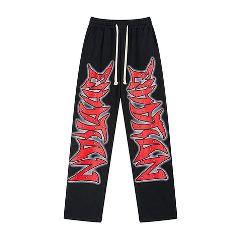 MIXED EMOTIO Studded Red Metal‑Font Black Straight‑Leg Sweatpants
