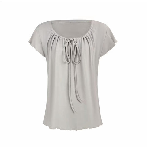 Tie Front Ruffle Short Sleeve Blouse