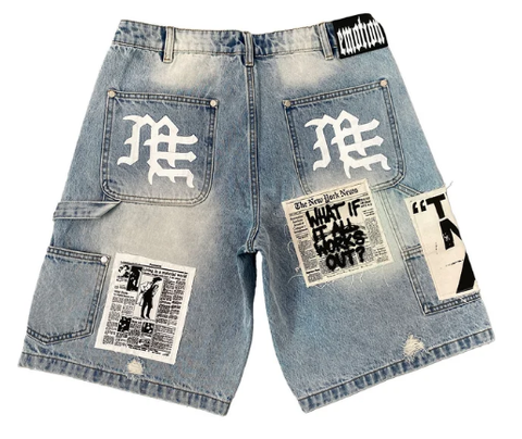 MIXED EMOTIO Slogan Patchwork Distressed Carpenter Denim Jorts Light Wash