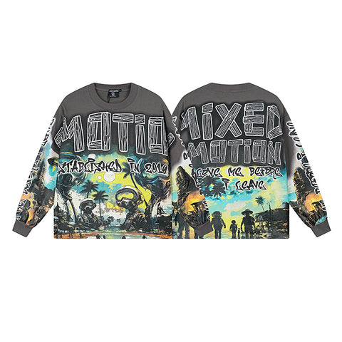 MIXED EMOTIO Tropical Astronaut Vintage Full‑Print Long‑Sleeve T‑Shirt