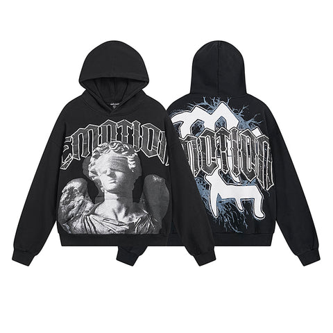MIXED EMOTIO Blindfolded Statue Angel Graphic Pullover Hoodie Black