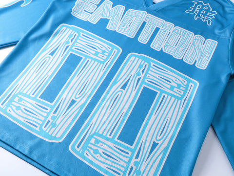 MIXED EMOTIO 00 Wood Grain Print Blue V‑Neck Hockey Jersey Long‑Sleeve Top