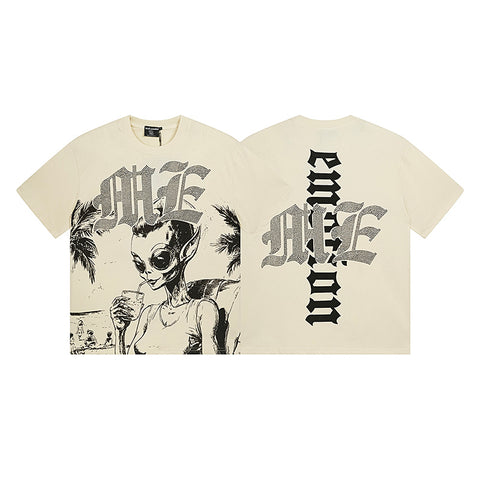 MIXED EMOTIO Alien Beach Vacation Cream Graphic Short Sleeve T‑Shirt