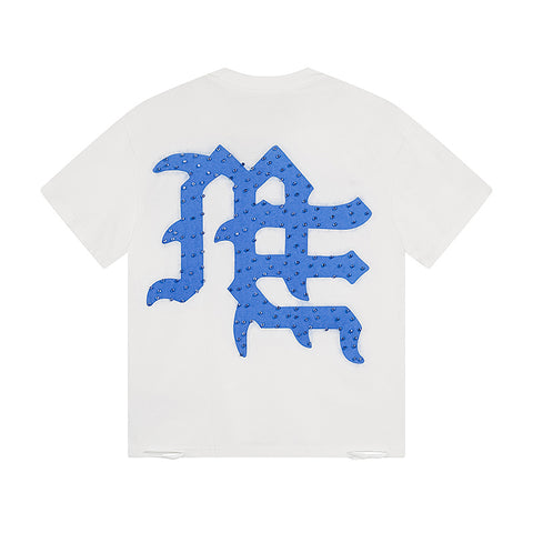 MIXED EMOTIO Emotions Never Die Blue Rhinestone Text Graphic Short Sleeve T‑Shirt