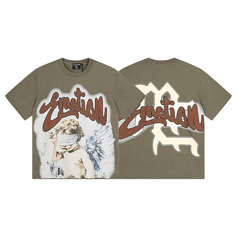 MIXED EMOTIO Blindfolded Cherub Rhinestone Olive Graphic Short Sleeve T‑Shirt