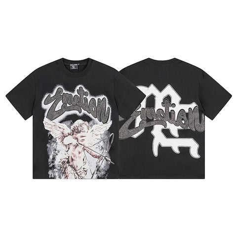 MIXED EMOTIO Cupid Cherub Rhinestone Washed Graphic Short Sleeve T‑Shirt