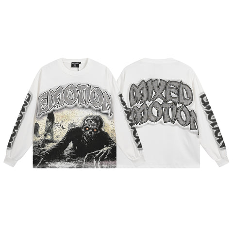 MIXED EMOTIO Graveyard Zombie Rhinestone Print White Long‑Sleeve T‑Shirt