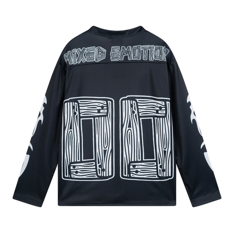 MIXED EMOTIO 00 Wood Grain Print V‑Neck Hockey Jersey Long‑Sleeve Top