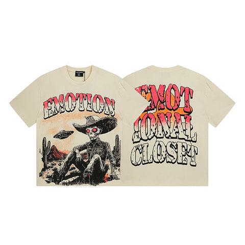 MIXED EMOTIO Emotion Skeleton Cowboy UFO Cream Short Sleeve T‑Shirt