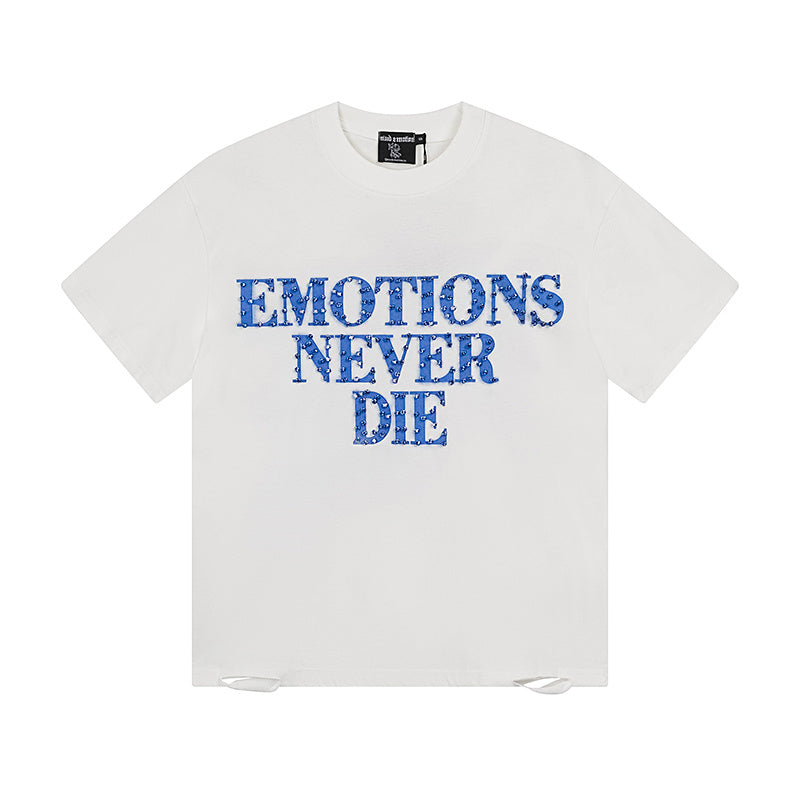 MIXED EMOTIO Emotions Never Die Blue Rhinestone Text Graphic Short Sleeve T‑Shirt