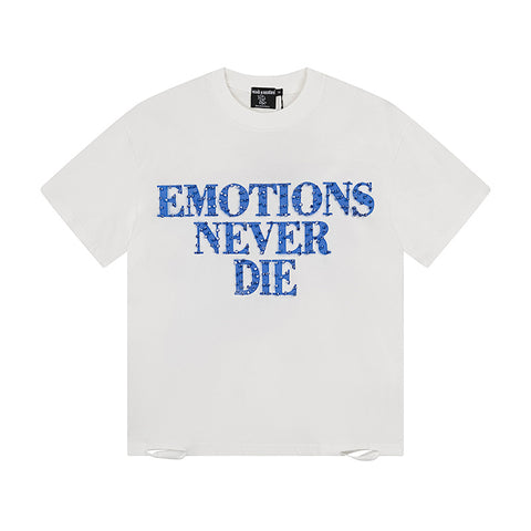 MIXED EMOTIO Emotions Never Die Blue Rhinestone Text Graphic Short Sleeve T‑Shirt
