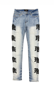 MIXED EMOTIO Gothic Logo Side‑Print Slim Denim Jeans Light Blue Wash