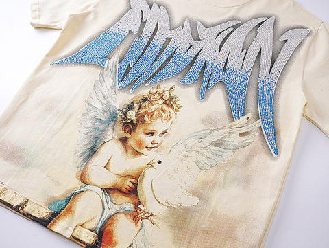 MIXED EMOTIO Cherub Dove Gradient Rhinestone Graphic Short Sleeve T‑Shirt
