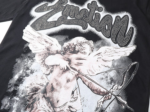 MIXED EMOTIO Cupid Cherub Rhinestone Washed Graphic Short Sleeve T‑Shirt