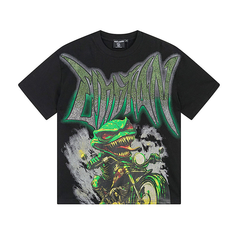 MIXED EMOTIO Lizard Biker Gradient Rhinestone Graphic Short Sleeve T‑Shirt