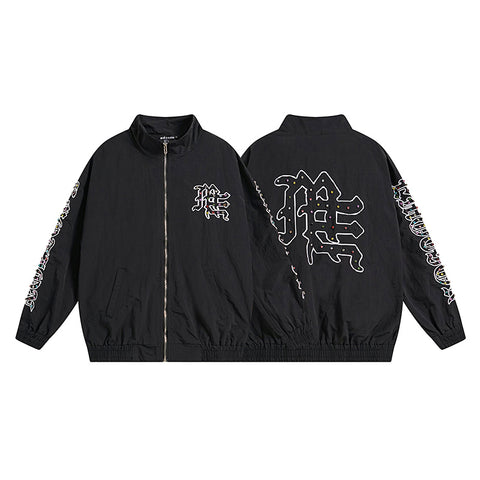 MIXED EMOTIO Rhinestone Logo Zip‑Up Stand Collar Windbreaker Jacket