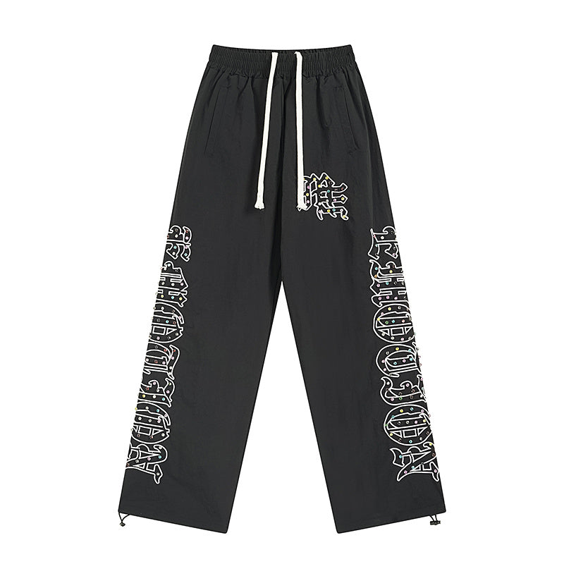 MIXED EMOTIO Rhinestone Letter Print Wide‑Leg Nylon Track Pants