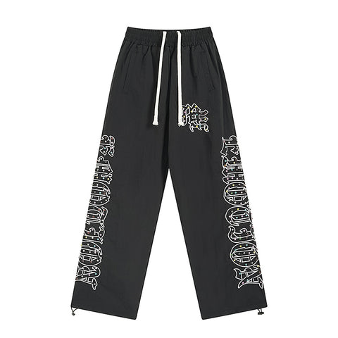 MIXED EMOTIO Rhinestone Letter Print Wide‑Leg Nylon Track Pants