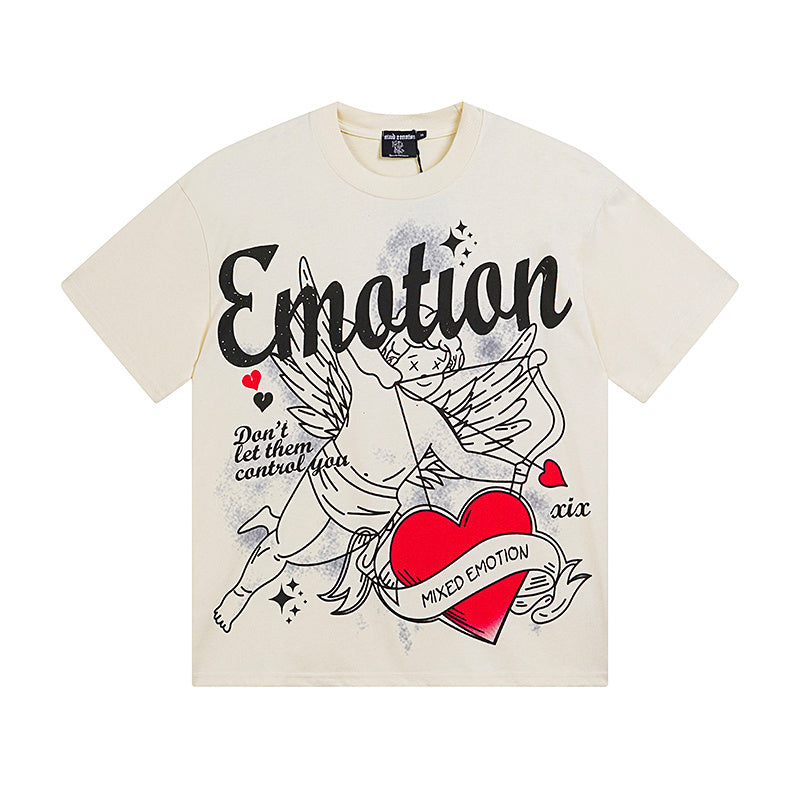 MIXED EMOTIO Tattoo‑Style Cupid Heart Graphic Short Sleeve T‑Shirt