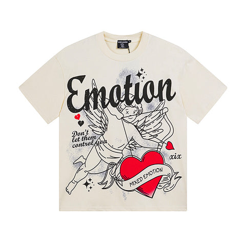 MIXED EMOTIO Tattoo‑Style Cupid Heart Graphic Short Sleeve T‑Shirt