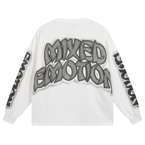 MIXED EMOTIO Graveyard Zombie Rhinestone Print White Long‑Sleeve T‑Shirt
