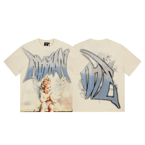 MIXED EMOTIO Cherub Dove Gradient Rhinestone Graphic Short Sleeve T‑Shirt