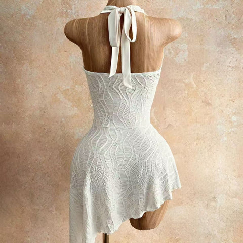 White Textured Halter Cutout Mini Dress