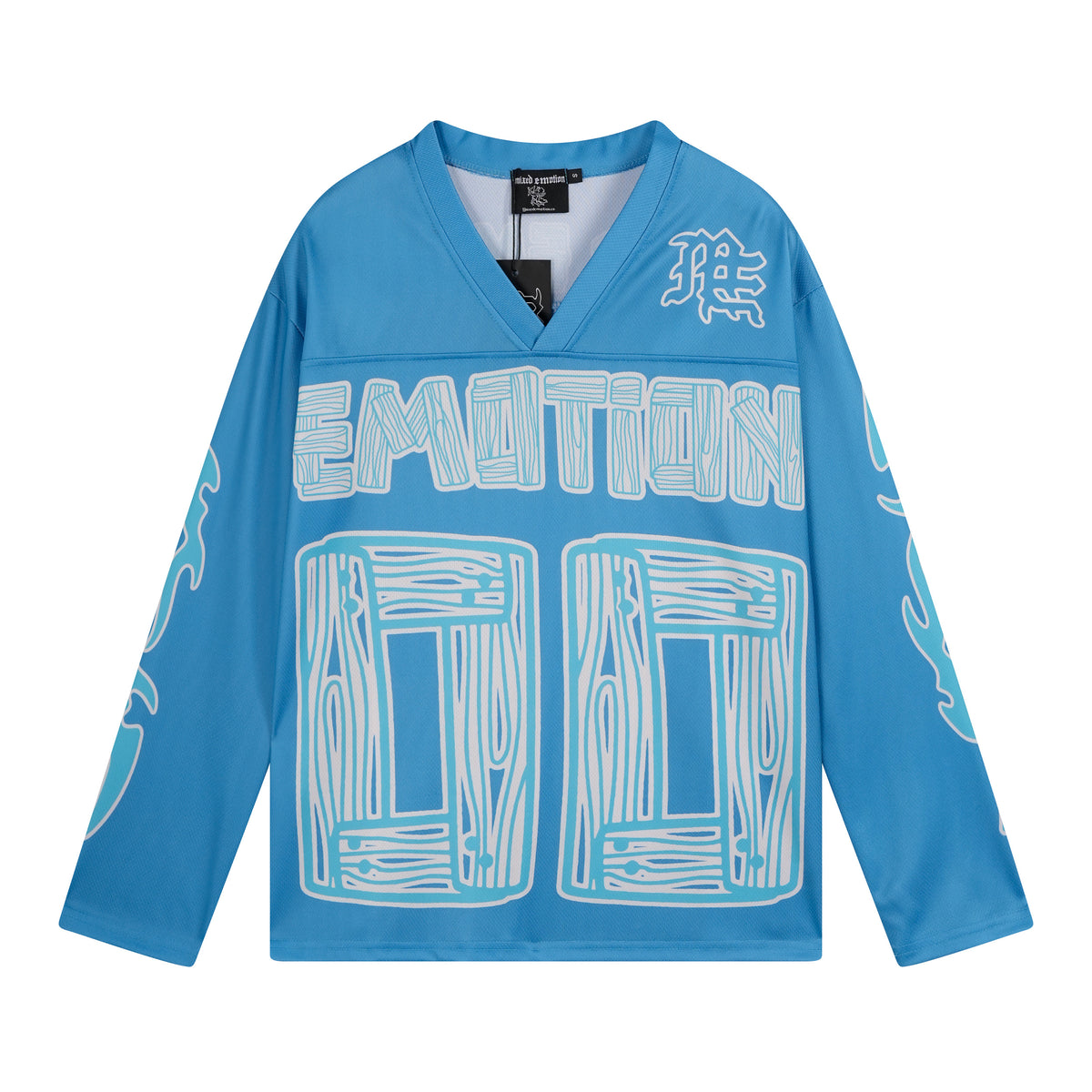 MIXED EMOTIO 00 Wood Grain Print Blue V‑Neck Hockey Jersey Long‑Sleeve Top