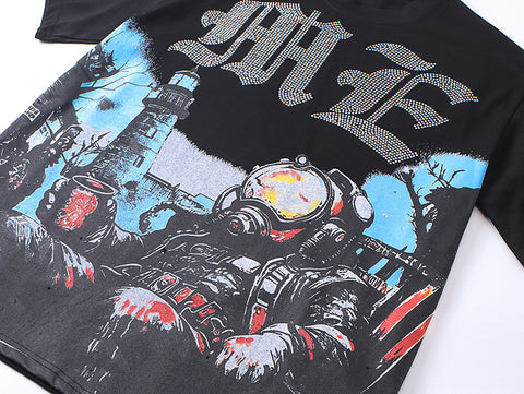 MIXED EMOTIO Diver Lighthouse Black Graphic Short Sleeve T‑Shirt
