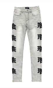 MIXED EMOTIO Gothic Logo Side‑Print Slim Denim Jeans Grey Wash