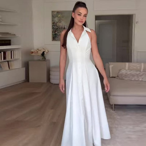 Sleeveless Collared White Linen Midi Dress