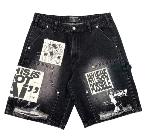 MIXED EMOTIO Slogan Patchwork Distressed Carpenter Denim Jorts Black Wash