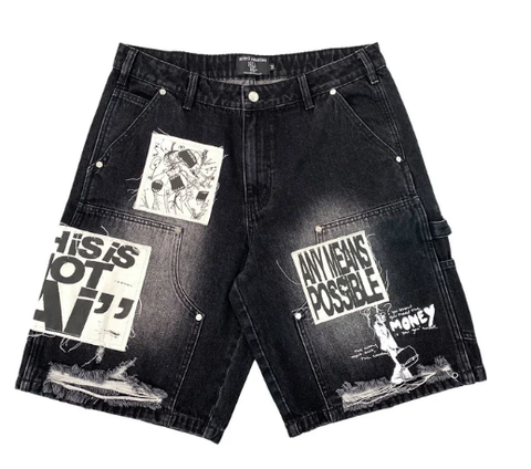 MIXED EMOTIO Slogan Patchwork Distressed Carpenter Denim Jorts Black Wash