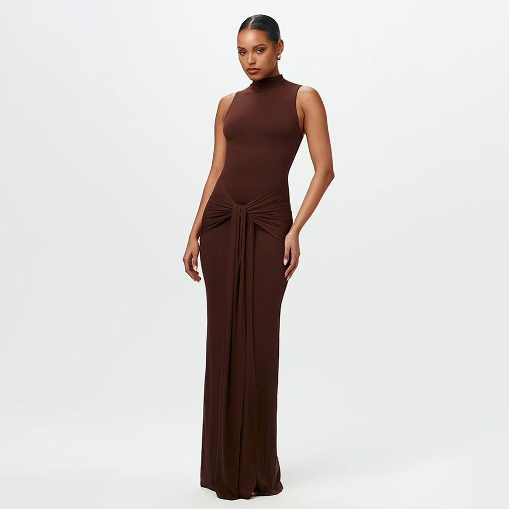Tie Waist Sleeveless High Neck Maxi Dress