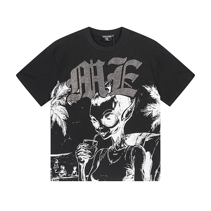 MIXED EMOTIO Alien Beach Vacation Black Graphic Short Sleeve T‑Shirt