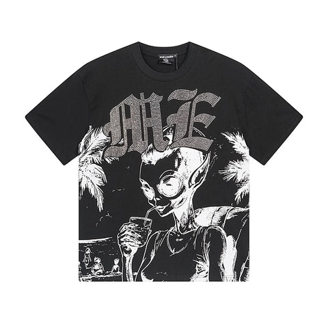 MIXED EMOTIO Alien Beach Vacation Black Graphic Short Sleeve T‑Shirt