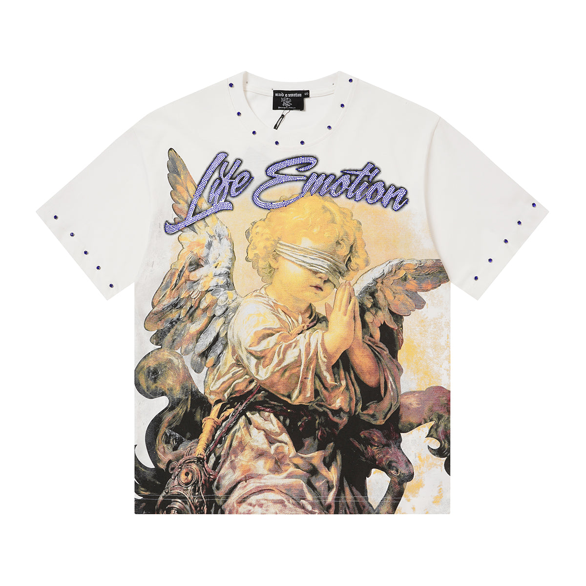 MIXED EMOTIO Life Emotion Blindfolded Praying Cherub White Short Sleeve T‑Shirt
