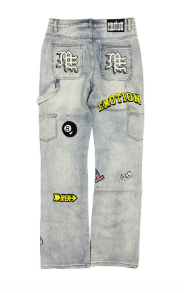 MIXED EMOTIO Multi‑Patch Distressed Carpenter Flare Denim Jeans Light Wash