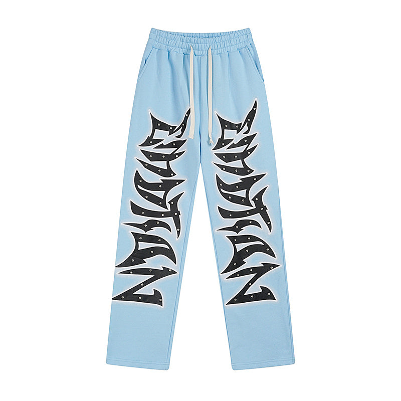 MIXED EMOTIO Studded Metal‑Font Light Blue Straight‑Leg Sweatpants