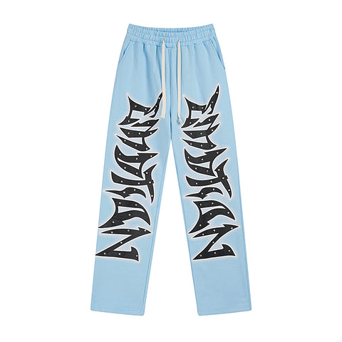 MIXED EMOTIO Studded Metal‑Font Light Blue Straight‑Leg Sweatpants