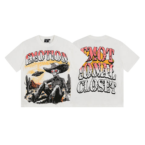 MIXED EMOTIO Skeleton Cowboy Desert UFO Gradient Graphic Short Sleeve T‑Shirt