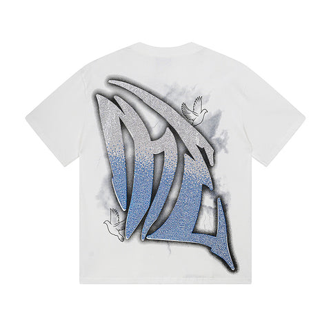 MIXED EMOTIO Cherub Dove Gradient Rhinestone White Graphic Short Sleeve T‑Shirt