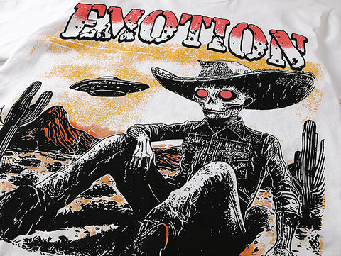 MIXED EMOTIO Skeleton Cowboy Desert UFO Gradient Graphic Short Sleeve T‑Shirt