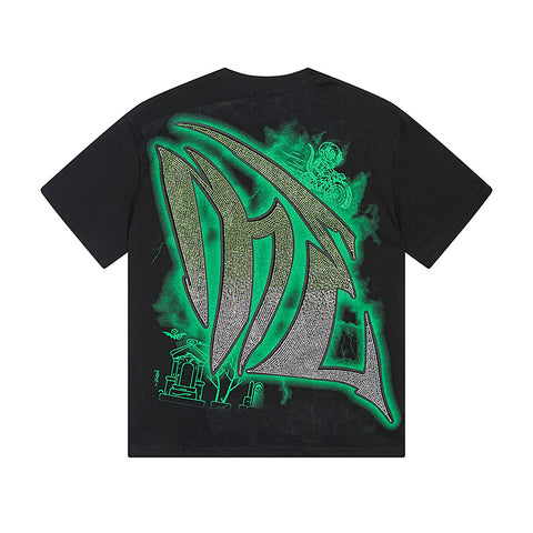 MIXED EMOTIO Lizard Biker Gradient Rhinestone Graphic Short Sleeve T‑Shirt
