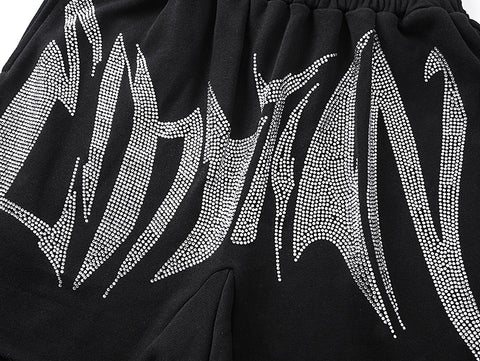 MIXED EMOTIO Rhinestone Heavy Metal Font Black Sweat Shorts