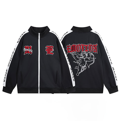 MIXED EMOTIO Gothic Logo Striped Sleeve Zip‑Up Track Jacket