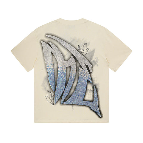 MIXED EMOTIO Cherub Dove Gradient Rhinestone Graphic Short Sleeve T‑Shirt